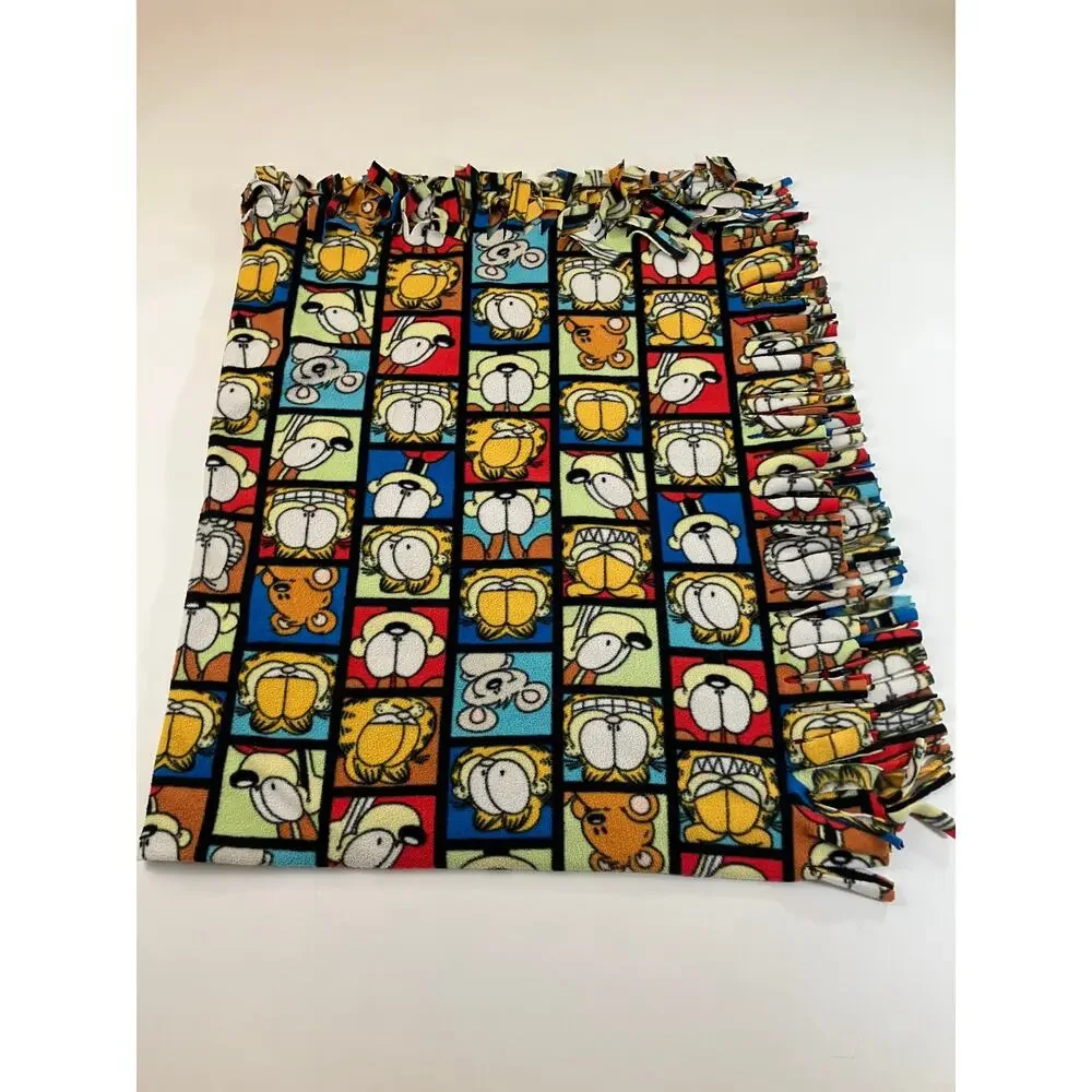 Garfield Odie Fleece Throw Blanket Multicolor Comic Character Grid Fringe 52x60